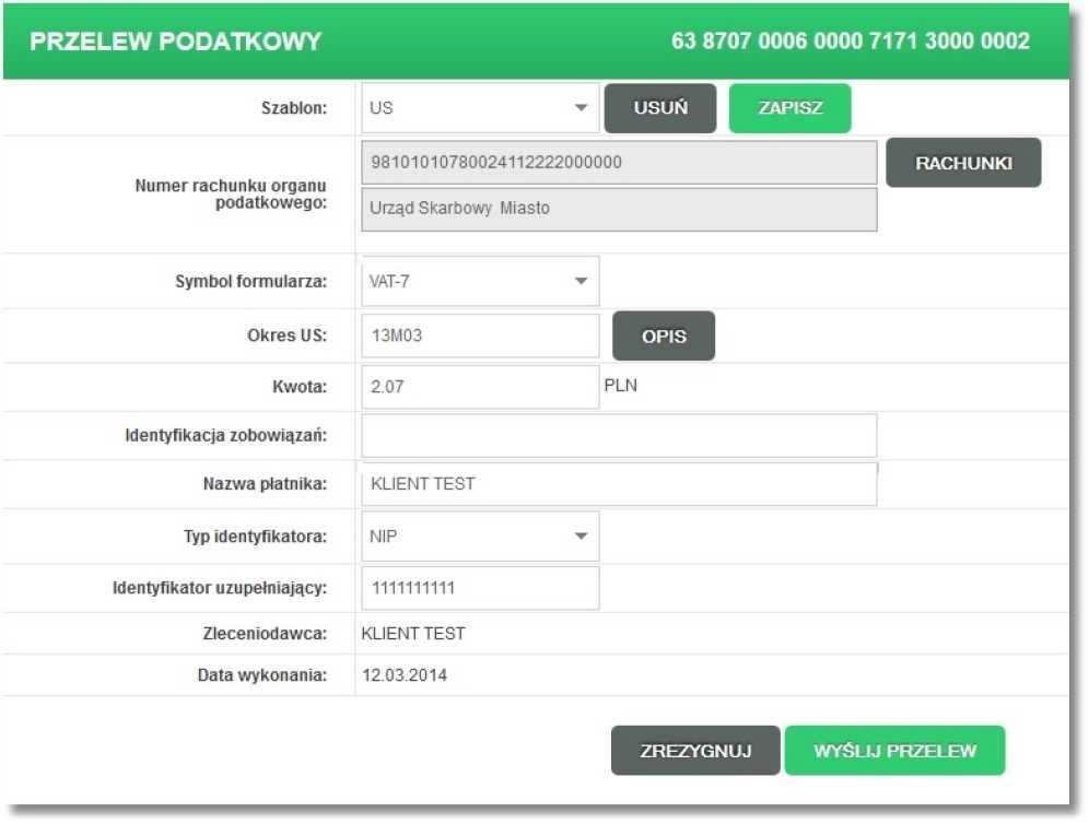 Szablon - przelew US można zapisać w postaci szablonu. Szablonów może być dowolna ilość.