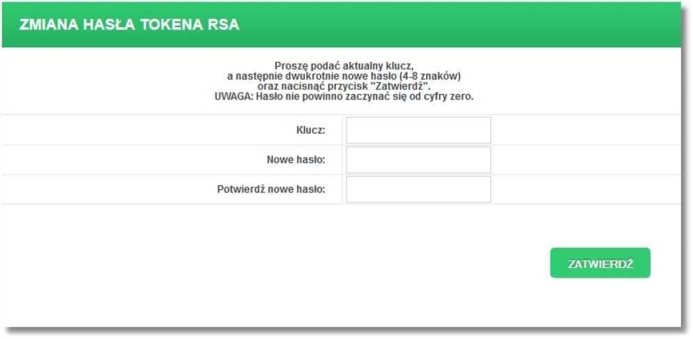 Zmiana hasła tokena RSA Opcja Zmiana hasła tokena RSA dostępna jest w przypadku kiedy autoryzacja dokonywana jest za pomocą tokena RSA a logowanie do aplikacji nie odbywa się przy pomocy tokena RSA.