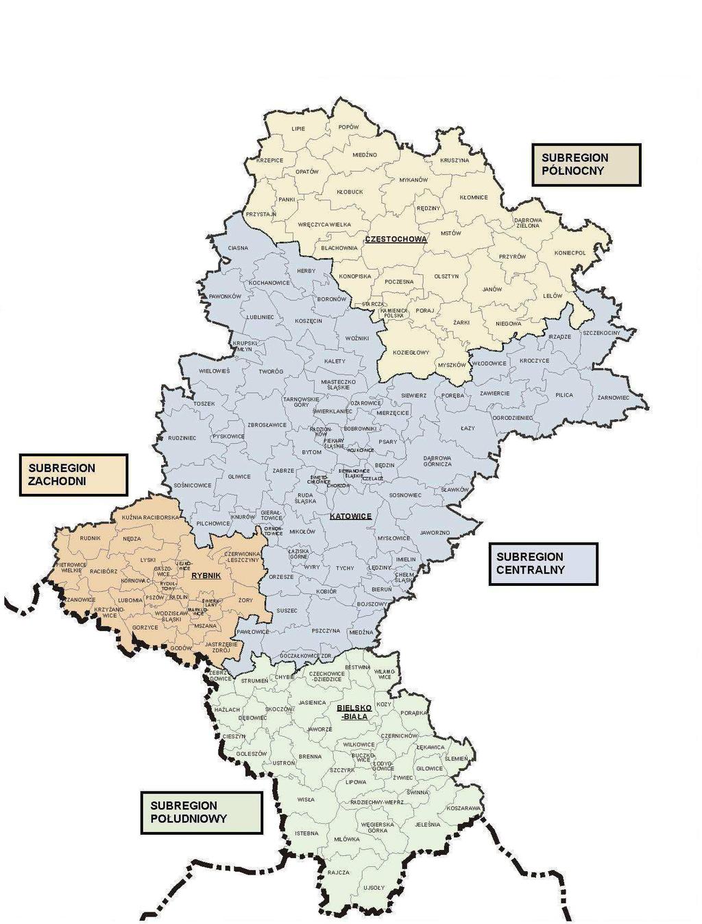 Na obszarze województwa śląskiego wyodrębniono Miejski Obszar Funkcjonalny, obejmujący całość Aglomeracji Katowickiej wraz z najbliższym otoczeniem łącznie 32 gminy o powierzchni 2.