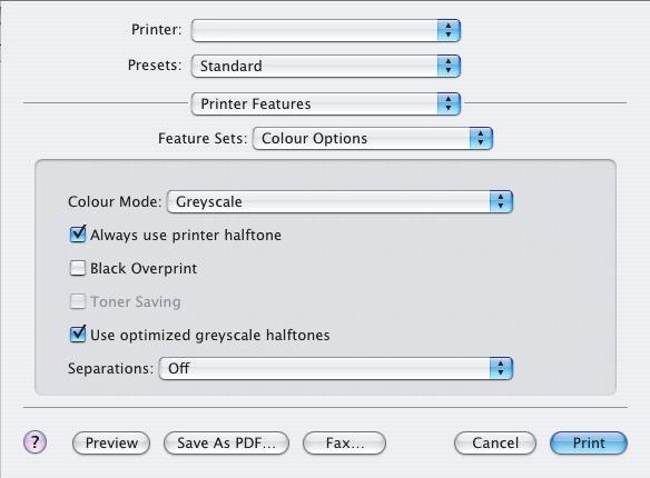 Mac OS X 1. W aplikacji wybierz menu [Plik] [Drukuj]. 1 2 3 4 5 6 2. W menu [Drukarka] (1) wybierz model drukarki. 3. W następnym menu (2) wybierz polecenie [Funkcje drukarki]. 4. W menu [Zestawy funkcji] (3) wybierz polecenie [Opcje kolorów].