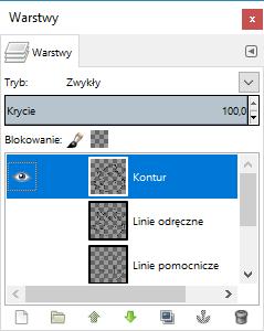 [23/45] GIMP 15. W polu szerokość linii wpisujemy 3 px 16. Zostawiamy aktywną tylko warstwę Kontur, pozostałe ukrywamy 17. Przywracamy Powiększenie 100% Uzyskujemy poniższy obraz Rysunek 40.