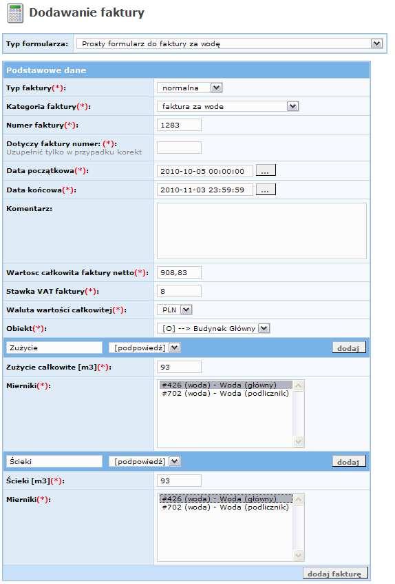 c) dodawanie faktury za wodę Prosty formularz do