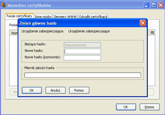 Przy pierwszej instalacji certyfikatu przeglądarka prosi o podanie hasła urządzenia