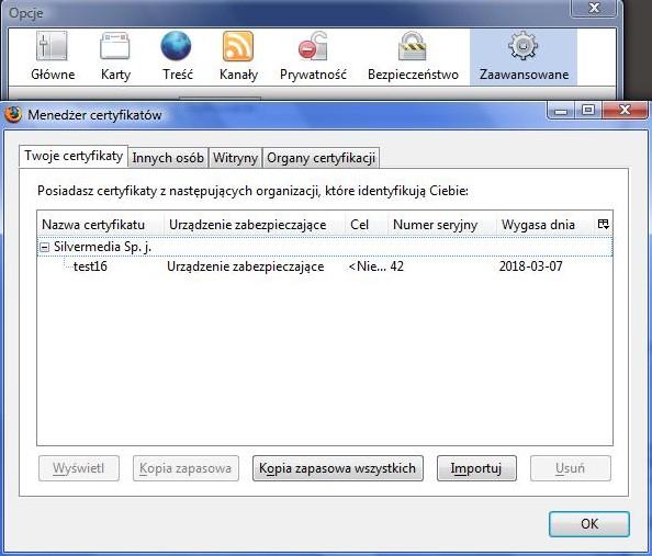 W Menadżerze certyfikatów na liście pojawi się certyfikat do systemu. Należy zamknąć wszystkie okna, akceptując zainstalowany certyfikat przyciskiem OK oraz zamknąć przeglądarkę.