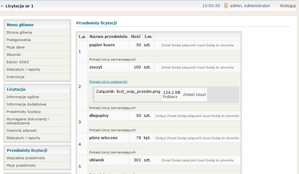 Każdy przedmiot licytacji można usunąć, aby to zrobić należy: wybrać z menu opcję Przedmioty licytacji kliknąć przycisk usuń znajdujący się po prawej stronie nazwy przedmiotu potwierdzić chęć