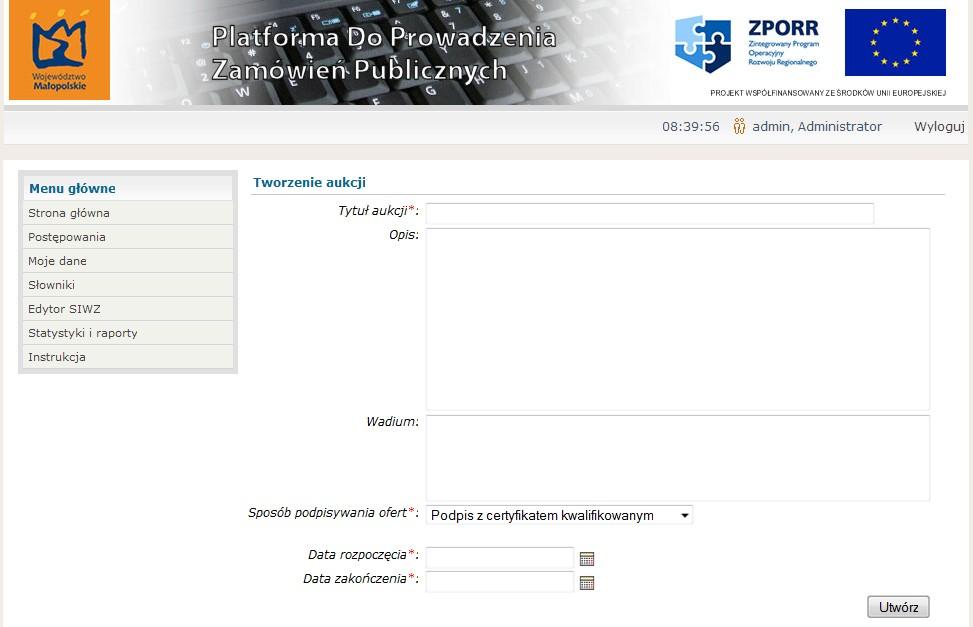 Aby określić kryteria oceny oferty należy: z menu aukcja wybrać opcję kryteria oceny ofert z menu dostępne operacje wybrać opcję zmień kryteria zatwierdzić zmiany przyciskiem [zmień] Aby zmienić wzór