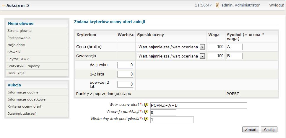 Aby zmienić parametry podstawowe aukcji należy: z menu informacje ogólne-> dostępne operacje wybrać opcję zmień zmodyfikować parametry aukcji zatwierdź zmiany przyciskiem [zmień] Aby dodać załącznik