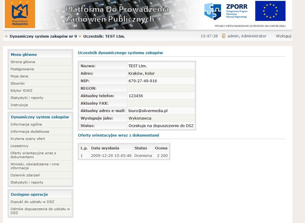 Po kliknięciu na statusie danego Wykonawcy, pojawia się tabela zawierająca informacje o Wykonawcy oraz status i ocenę jego oferty orientacyjnej wraz z dokumentami.