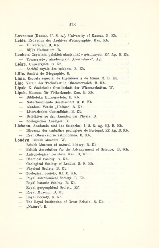 213 Lavrence (Kansas, U. S. A.). University of Kansas. B. Kb. Leide. Redaction des Archives d'ótnographie. Kan. Kb. Universiteit. B. Kb. Rijks Herbarium. B. Leoben.