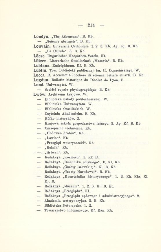 214 Londyn. The Atheneum". B. Kb. Science ąbstracts". B. Kb. Louvain. Universite Catholique. 1. 2. 3. Kh. Ag. Kj. B. Kb. La Celinie". 3. B. Kb. LoCSe. Ungarischer Karpathen-Verein. Kf. Lotzen.