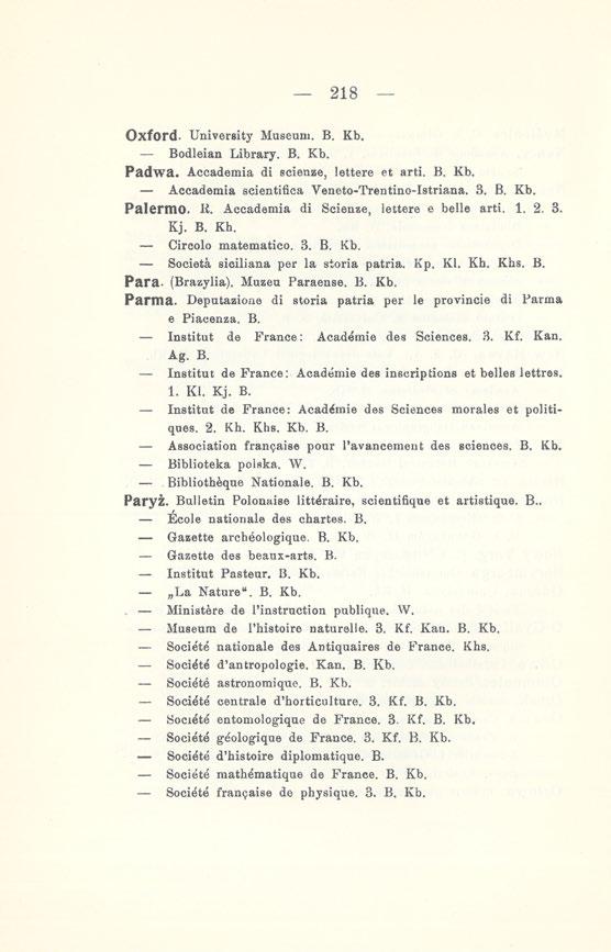 218 Oxford. University Museum. B. Kb. Bodleian Library. B. Kb. Padwa. Accademia di scieuze, lettere et arti. B. Kb. Accademia scientifica Veneto-Trentino-Istriana. 3. B. Kb. Palermo. Ii.