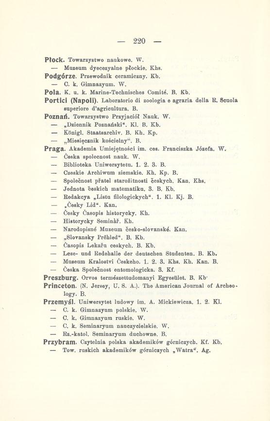 220 Płock. Towarzystwo naukowe. W. Muzeum dyecezyalne płockie. Khs. Podgórze. Przewodnik ceramiczny. Kb. C. k. Gimnazyum. W. Pola. K. u. k. Marine-Technisches Comite. B. Kb. Portici (Napoli).