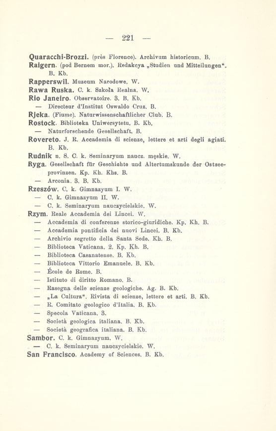 221 Quaracchi-Brozzi. (pres Florence). Archivum historicum. B. Raigern. (pod Bernem mor.). Eedakcya Studien und Mitteilungen". B. Kb. Rapperswil. Muzeum Narodowe. W. Rawa Ruska. C. k. Szkoła Eealna.