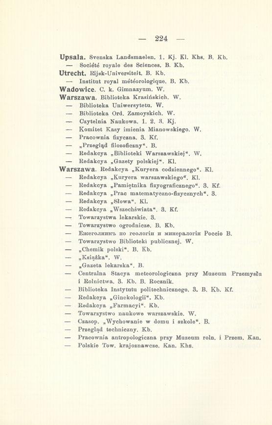 224 Upsala. Svenska Landsmaelen. 1. Kj, Kl. Khs. B. Kb. Societe royale des Sciences. B. Kb. Utrecht. Rijsk-Universiteit. B. Kb. Institut royal meteorologique. B. Kb. Wadowice. C. k. Gimnazyum. W. Warszawa.