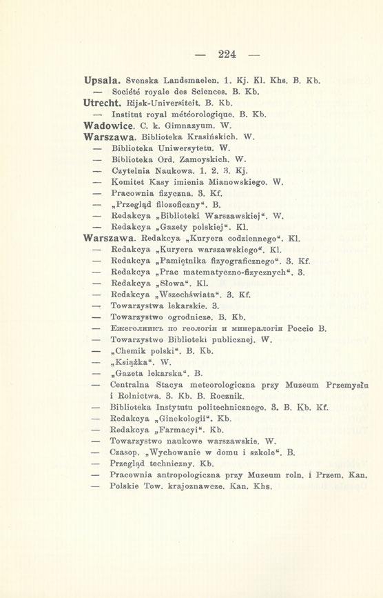 224 Upsala. Svenska Landsmaelen. 1. Kj, Kl. Khs. B. Kb. Societe royale des Sciences. B. Kb. Utrecht. Rijsk-Universiteit. B. Kb. Institut royal meteorologique. B. Kb. Wadowice. C. k. Gimnazyum. W. Warszawa.