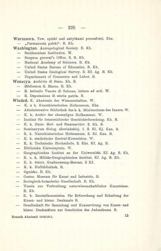 225 Warszawa. Tow. opieki nad zabytkami przeszłości. Khs. Farmaceuta polski". B. Kb. Washington. Antropological Society. B. Kb. Smithsoniam Institution. W. Surgeon general's Office. 3. B. Kb. National Academy of Sciences.