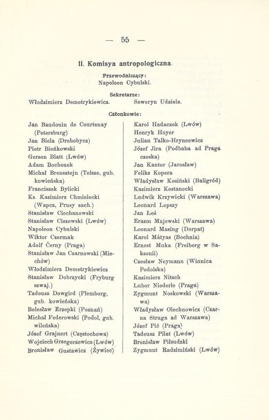 55 II. Komisya antropologiczna Przewodniczący: Napoleon Cybulski. Sekretarze t Włodzimierz Demetrykiewicz. Seweryn Udziela.