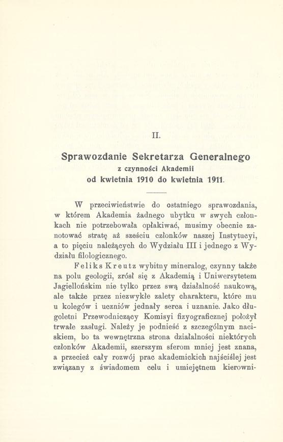 II. Sprawozdanie Sekretarza Generalnego z czynności Akademii od kwietnia 1910 do kwietnia 1911.