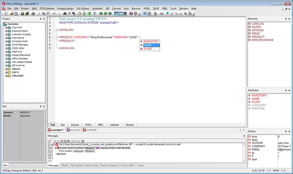 Poprawność plików XML Przykłady DTD dokończenie pliku DTD: <!ELEMENT OPTIONS (#PCDATA)> <!