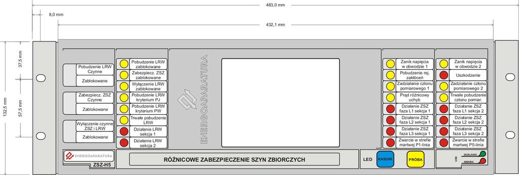 Urządzenie wyposażone jest w wyświetlacz LCD z panelem dotykowym na którym znajduje się synoptyka rozdzielni.