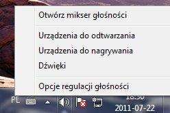 Ustawienia głośności prawoklik na tej samej ikonie powoduje wyświetlenie menu