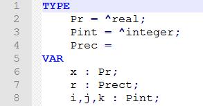 Typy wskaźnikowe Definiowanie i deklarowanie typów wskaźnikowych: Każdy typ danych w Pascalu ma