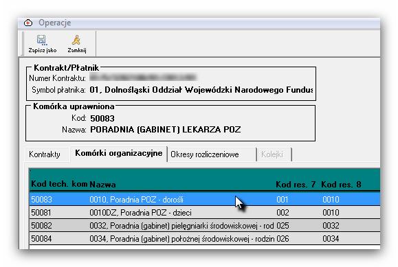 wybieramy Kontrakt i przechodzimy na zakładkę Komórki organizacyjne Wybieramy