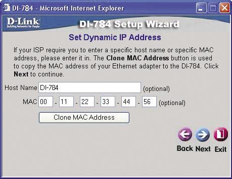 Jeżeli została wybrana opcja Dynamic IP Address (Dynamiczny adres IP) wykorzystywana zazwyczaj w usługach telewizji kablowej, wyświetli się taki ekran: Kliknij