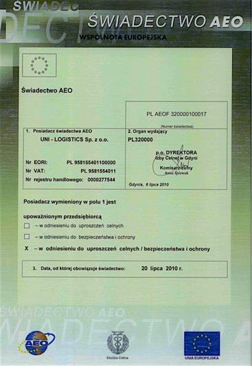 Certyfikat AEO Uni-logistics posiada certyfikat AEO, nr PLAEOF 320000100017 Korzyści dla naszych Partnerów wynikające z posiadania certyfikatu: