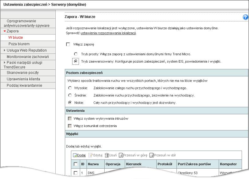 Trend Micro Worry-Free Business Security Advanced 5.1 Podręcznik administratora RYSUNEK 5-2. Ekran Zapora - W biurze Aby skonfigurować zaporę: 1.