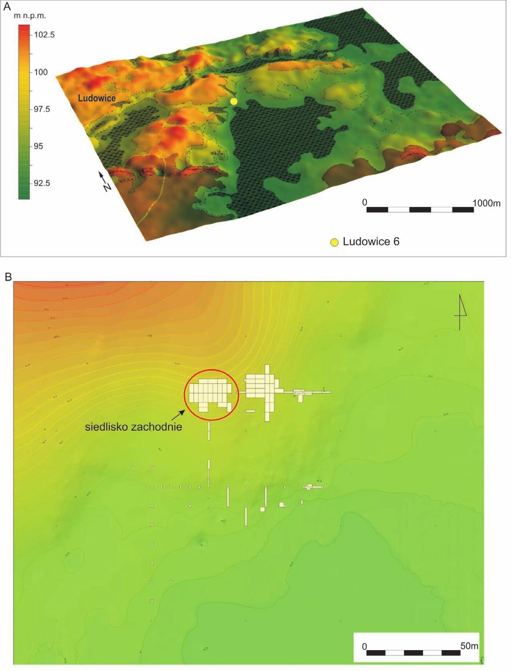 62 Ryc. 2. Rzeźba terenu w okolicy stanowiska Ludowice 6 (A) oraz plan sytuacyjno-wysokościowy stanowiska z naniesionymi wykopami badawczymi (b). Rys. P. Weckwerth, T.