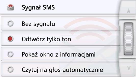 Sygnalizacja SMS (zależnie od modelu) Za pomocą tej funkcji możesz ustawić reakcję urządzenia Urządzenie nawigacyjne na nadejście nowej krótkiej wiadomości tekstowej.