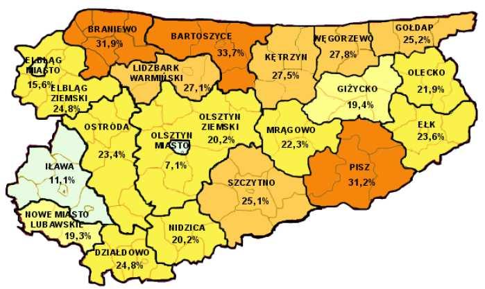 Rysunek 2.11 Stopa bezrobocia w poszczególnych powiatach woj.