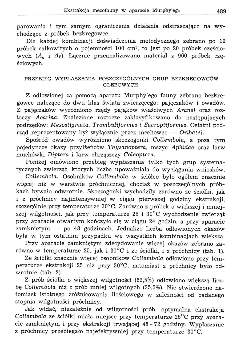 Ekstrakcja mezofauny w aparacie Murphy ego 489 parowania i tym samym ograniczenia działania odstraszająco na w y chodzące z próbek bezkręgowce.