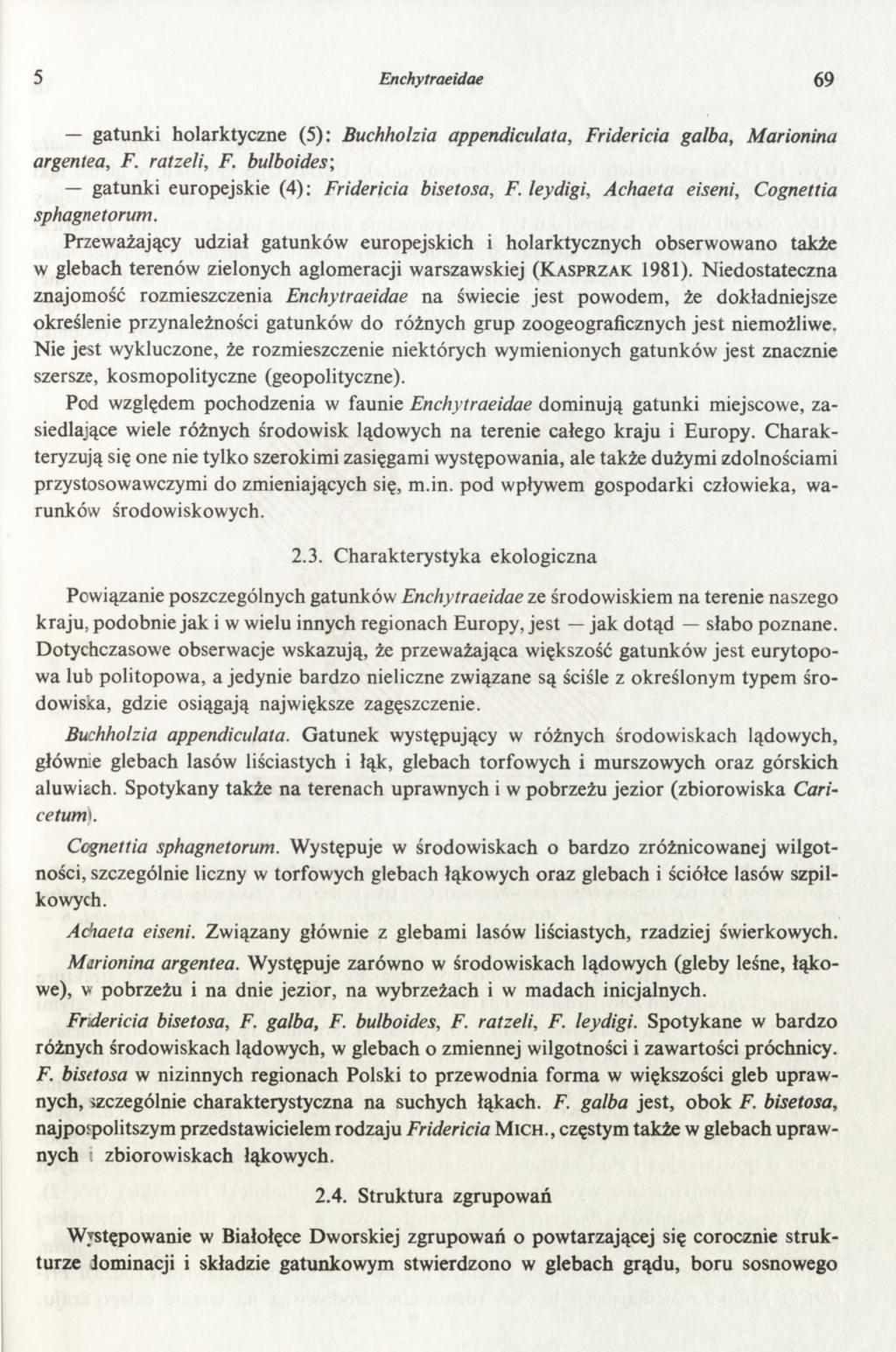 5 Enchytraeidae 69 gatunki holarktyczne (5): Buchholzia appendiculata, Fridericia galba, Marionina argentea, F. ratzeli, F. bulboides\ gatunki europejskie (4): Fridericia bisetosa, F.