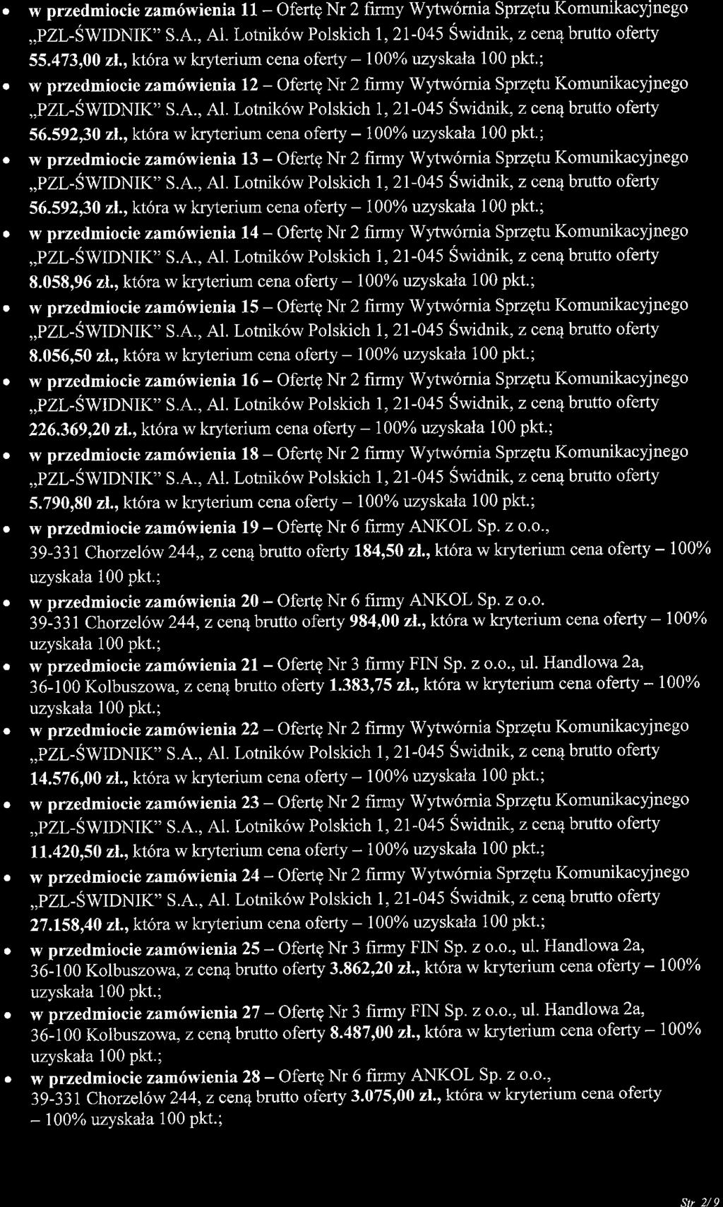 . w przedmiocie zam6wienia 11 - Ofertg Nr 2 firmy Wytw6mia Sprzgtu Komunikacyjnego,,PZL-SWIDNIK" S.A., A1. Lotnik6w Polskichl,2I-045 Swidnik. z cen4 brutto oferty 55.473,00 zl.