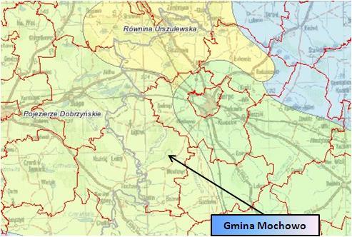 Rysunek 8. Położenie fizyczno-geograficzne Gminy Mochowo Źródło: Centralna Baza Danych Geologicznych PIG http://bazagis.pgi.gov.