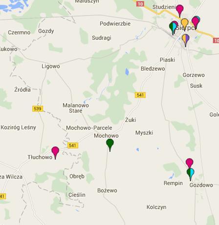 Rysunek 20. Operatorzy sieci GSM na terenie i w okolicach Gminy Mochowo Badania PEM Źródło: Mapa nadajników GSM, UMTS, CDMA w Polsce, http://beta.btsearch.