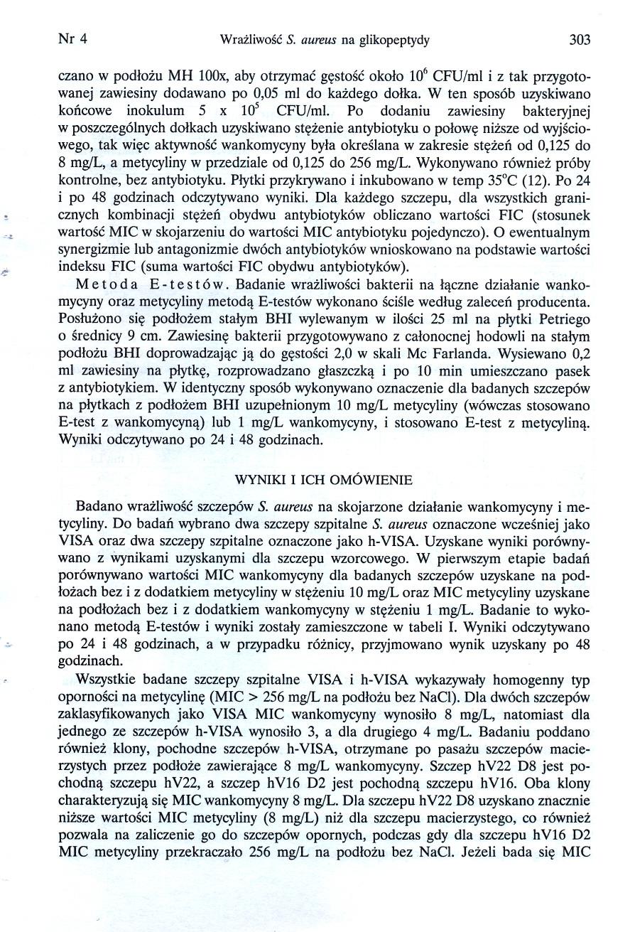 Nr4 Wrazliwosc S. aureus na glikopeptydy 303 -~ czano w podlozu MH loox,aby otrzymac gestosc okolo 106CFU/ml i z tak przygotowanej zawiesiny dodawano po 0,05 mi do kazdego dolka.