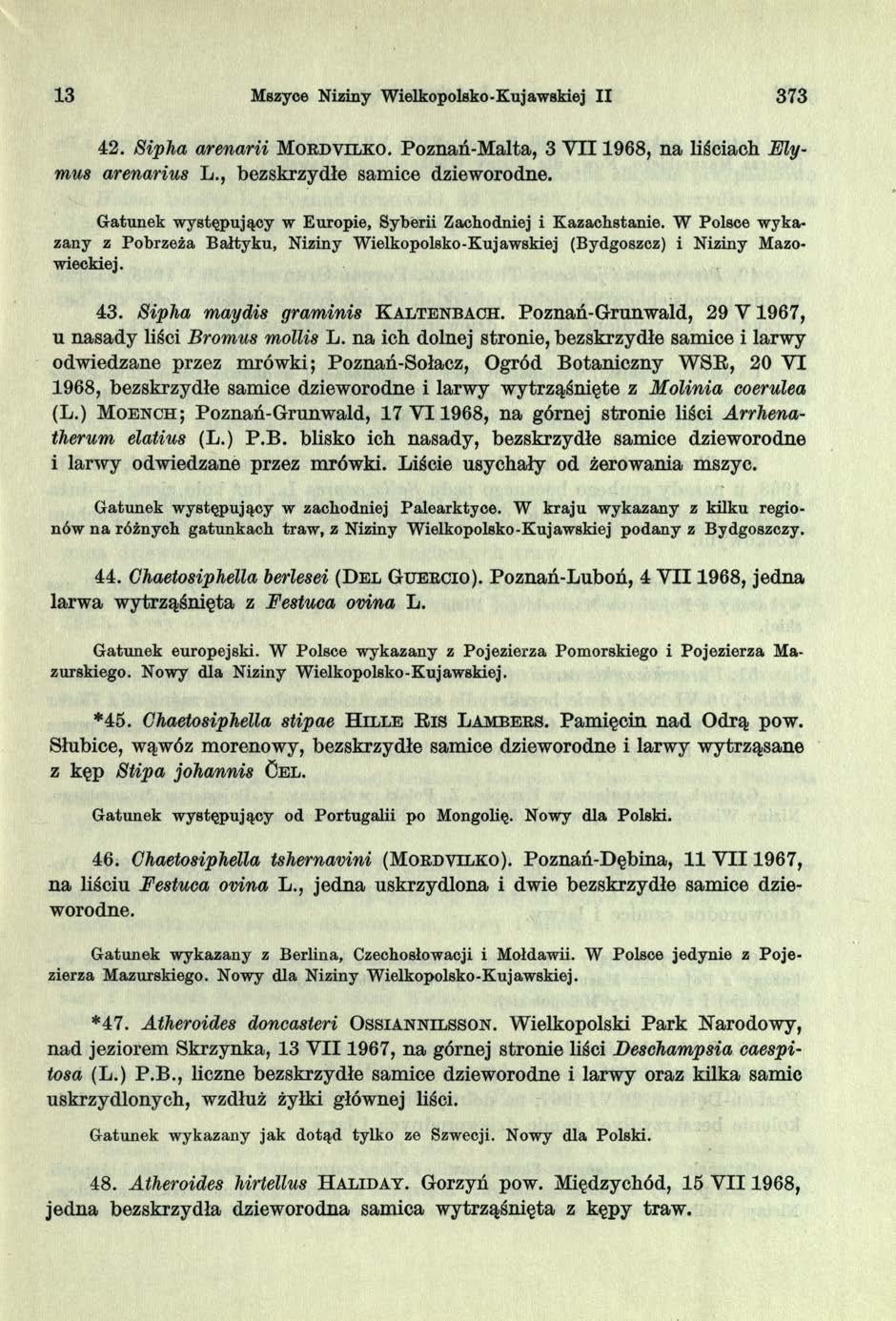 13 Mszyce Niziny Wielkopolsko-Kujawskiej II 373 42. Sipha arenarii M o r d v il k o. Poznań-Malta, 3 Y II1968, na liściach Elymus arenarius L., bezskrzydłe samice dzieworodne.