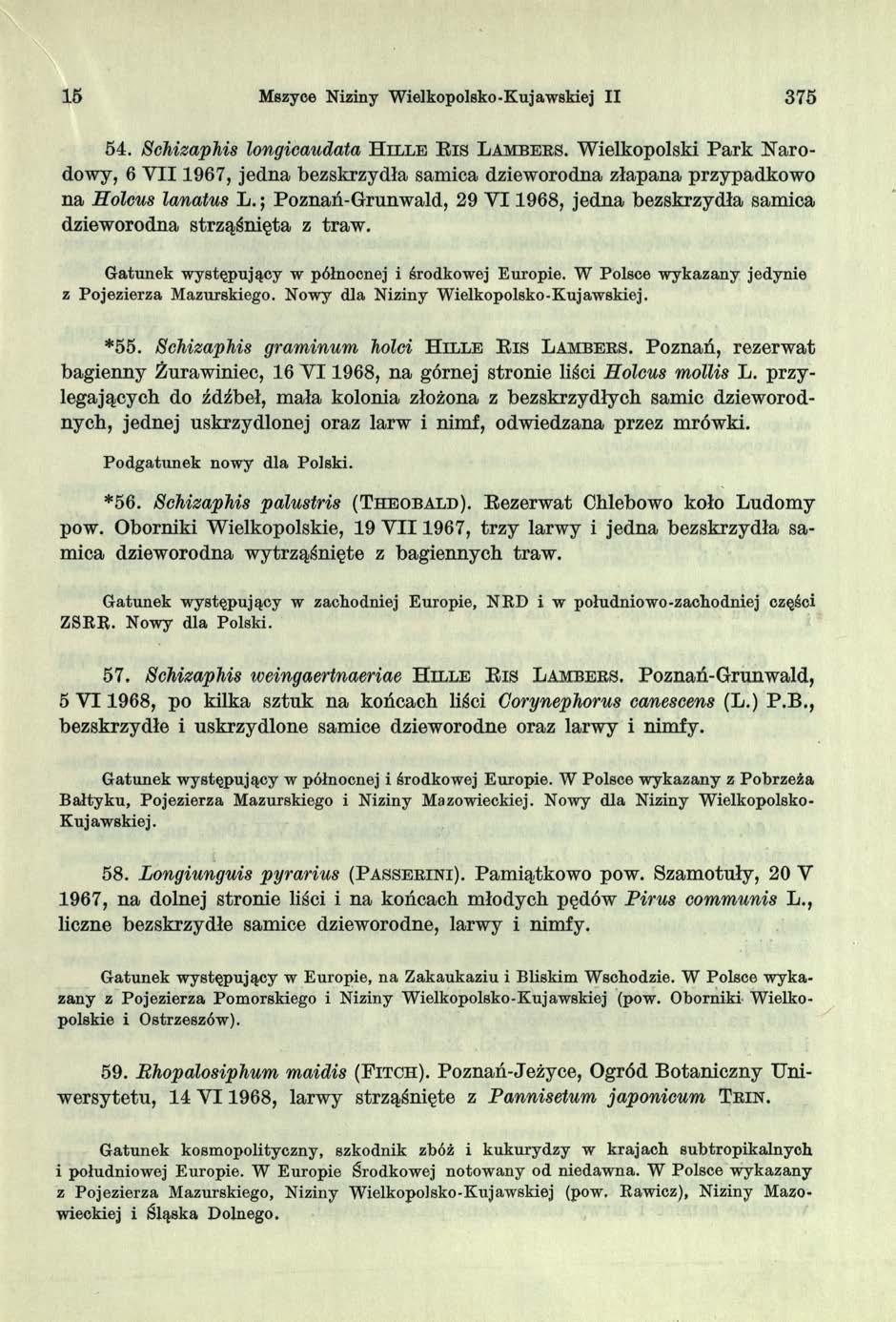 15 Mszyce Niziny Wielkopolsko-Kujawskiej II 375 54. ScMzaphis longicaudata H i l l e B i s L a m b e r s.