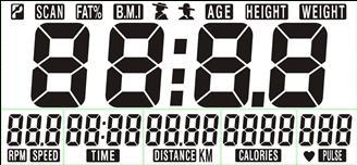 FUNKCJE WYŚWIETLACZA SCAN: Wyświetla kolejno wartości funkcji TIME DISTANCE CALORIES PULSE RPM/SPEED (czas->dystans->spalone kalorie->puls->ob. na minutę/prędkość).