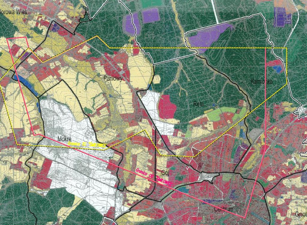 Fragment powierzchni miasta Katowice w północno-wschodniej części Terenu Górniczego Śmiłowice, oznaczony został planie zagospodarowania przestrzennego jako Obszar leśny i Obszar zieleni urządzonej.