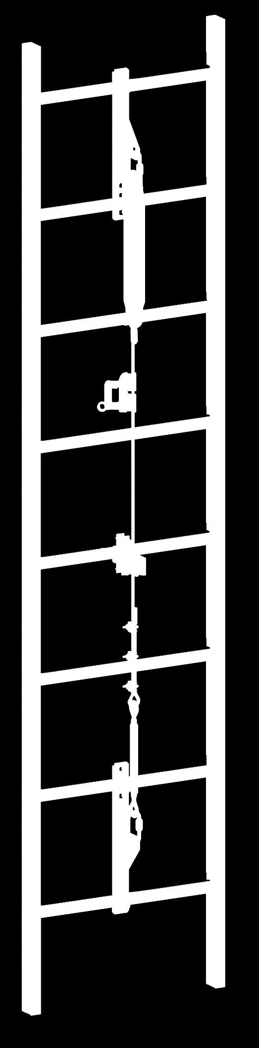 System składa się z pionowej prowadnicy linowej wykonanej ze stalowej, nierdzewnej liny o średnicy 8 mm (ref. AC 850). Górny koniec prowadnicy linowej wyposażony jest w amortyzator (ref.