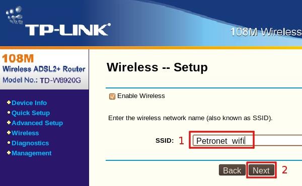 W sekcji Wireless Setup, określ SSID czyli (nazwę sieci jaka będzie