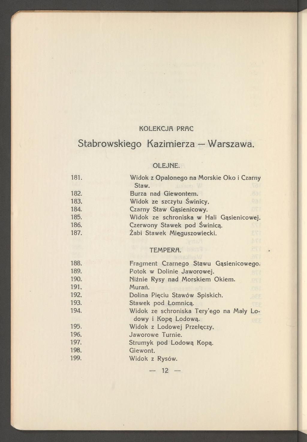 K O L E K C J A PR AC Stabrowskiego Kazimierza Warszawa. O LEJN E. 181. W idok z O p alon ego na Morskie O k o i Czarny Staw. 182. Burza nad Giewontem. 183. W idok ze szczytu Świnicy, 184.