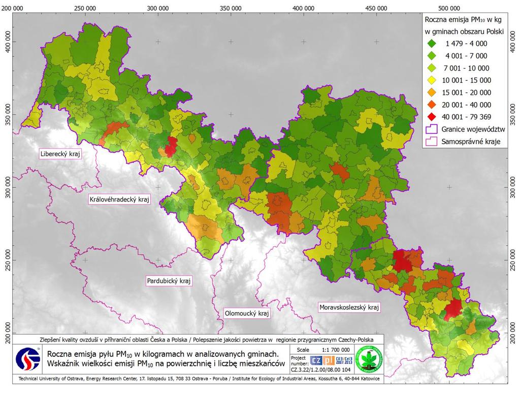 Wyniki obliczeń emisji pyłu PM10 w gminach dla 2007 r.