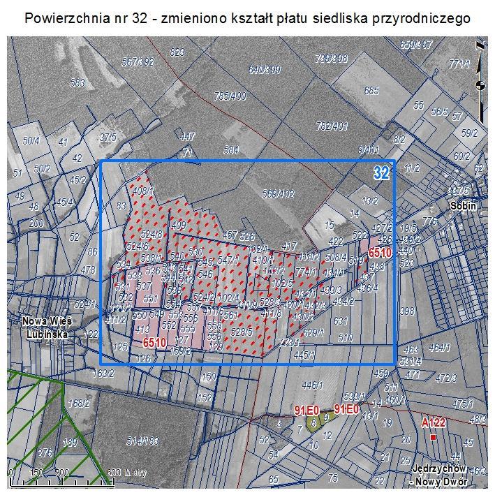 POWIERZCHNIA NR 32 ZMIANA KSZTAŁTU PŁATU SIEDLISKA PRZYRODNICZEGO Powierzchnia na wschód od Sobina w kompleksie użytków zielonych między Sobinem a Nową Wsią Lubińską po obu stronach cieku o nazwie