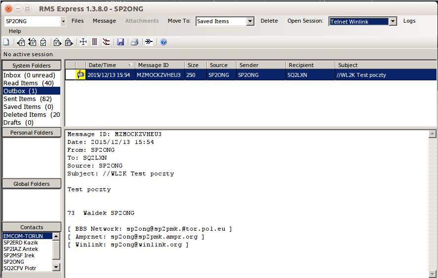 RMS Express nadawanie wiadomosci W polu z lewej strony RMSE mamy System Folders katalogi systemowe, które zawierają naszą poczty oczekującą do wysłania w Outbox, odebraną Inbox, wysłaną Sent Items,