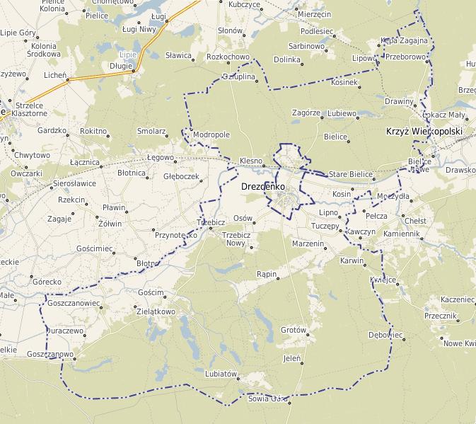 od wschodu gmina miejsko-wiejska Krzyż Wielkopolski oraz gmina wiejska Drawsko, obie leżące w powiecie czarnkowsko-trzcianeckim, od południowego wschodu miejsko-wiejska gmina Sieraków, należąca do